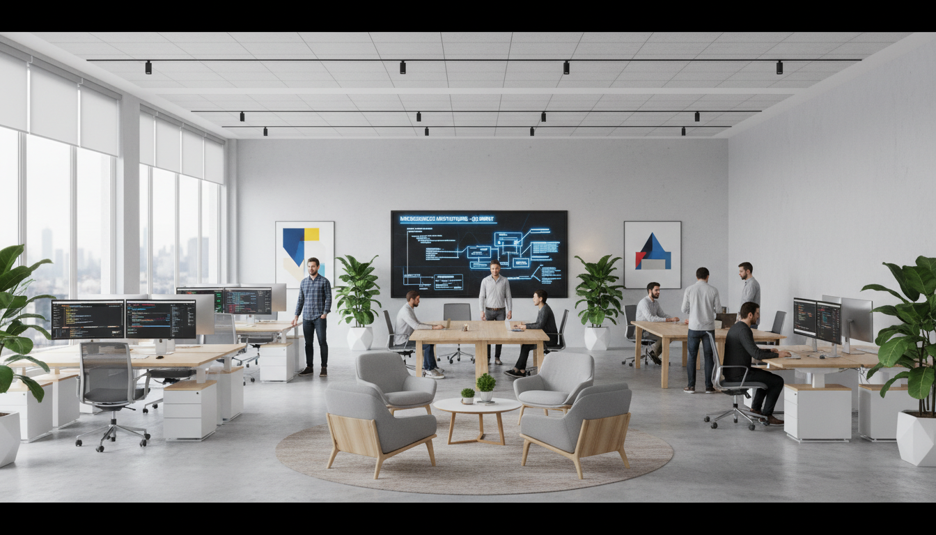 In the heart of Data Center Alley, a human-centric office culture stands out. Modern open-plan office in Ashburn, Virginia, with developers working in a calm, naturally lit environment.