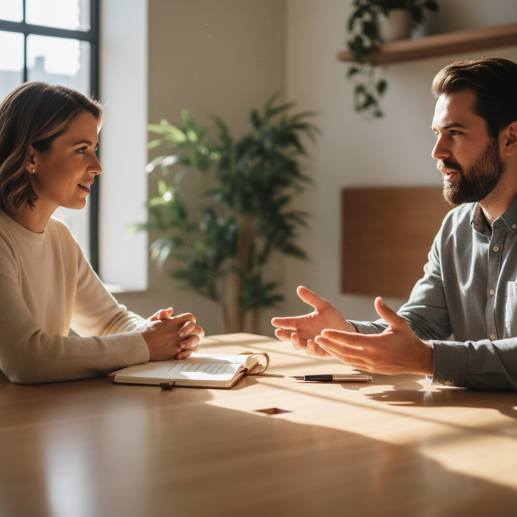 Coach and client engaged in focused one-on-one conversation at wooden table with natural window light creating warm atmosphere Coach and client engaged in focused one-on-one conversation at wooden table with natural window light creating warm atmosphere
