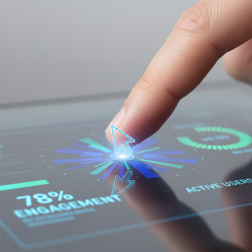 Close-up of finger interacting with colorful touchscreen interface displaying interactive design elements and engagement metrics