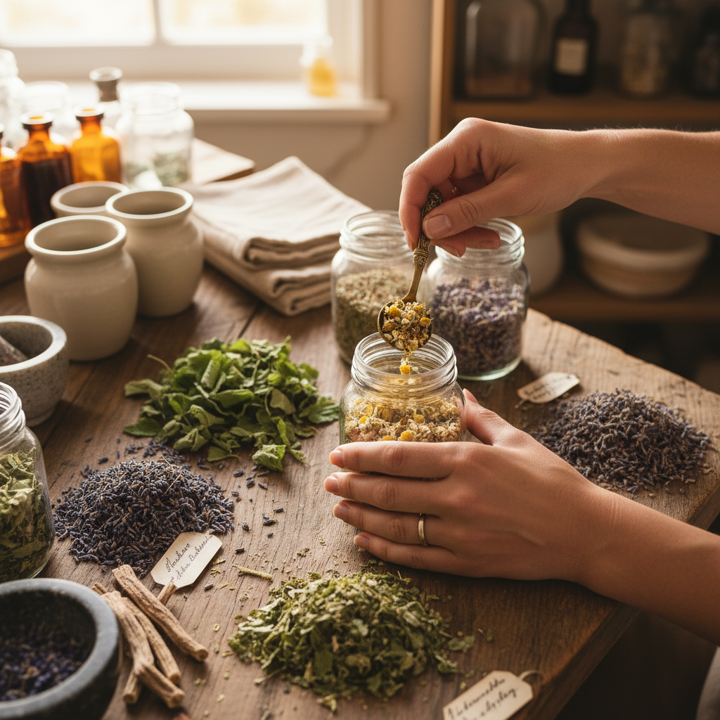 Herbalist hands measuring dried medicinal herbs into glass jars on wooden apothecary workspace with natural light