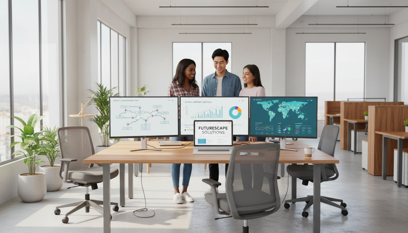 Diverse tech team reviewing customer analytics and chatbot metrics on multiple monitors in bright modern office Diverse tech team reviewing customer analytics and chatbot metrics on multiple monitors in bright modern office