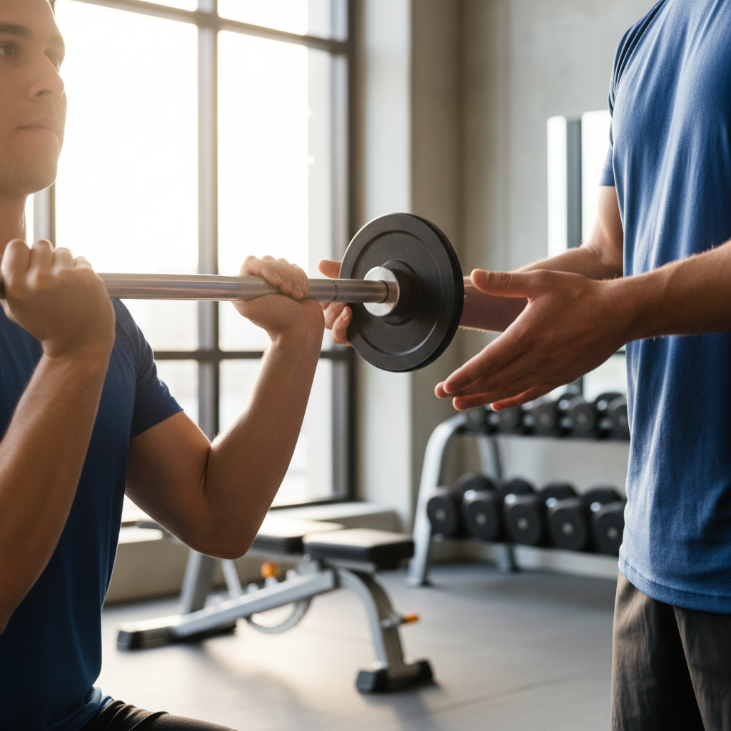 Personal trainer adjusting client's barbell grip and form during strength training session with natural studio lighting Personal trainer adjusting client's barbell grip and form during strength training session with natural studio lighting
