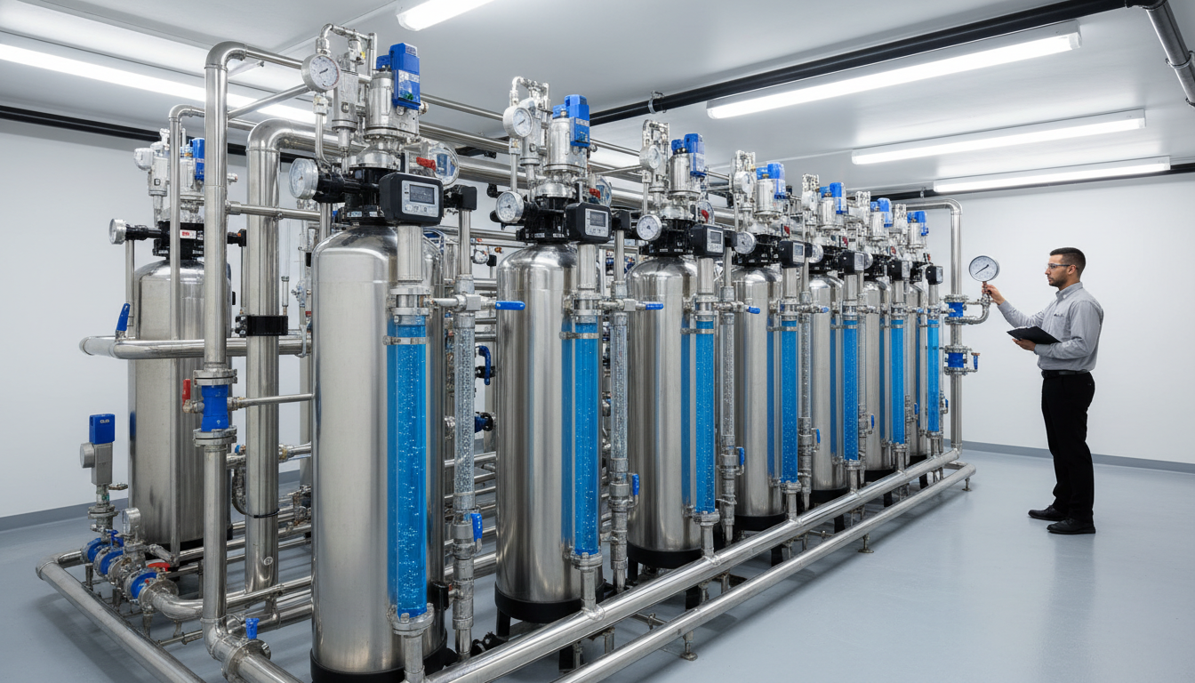 Commercial water conditioning system with multiple filtration tanks and technician monitoring pressure gauges in utility room Commercial water conditioning system with multiple filtration tanks and technician monitoring pressure gauges in utility room