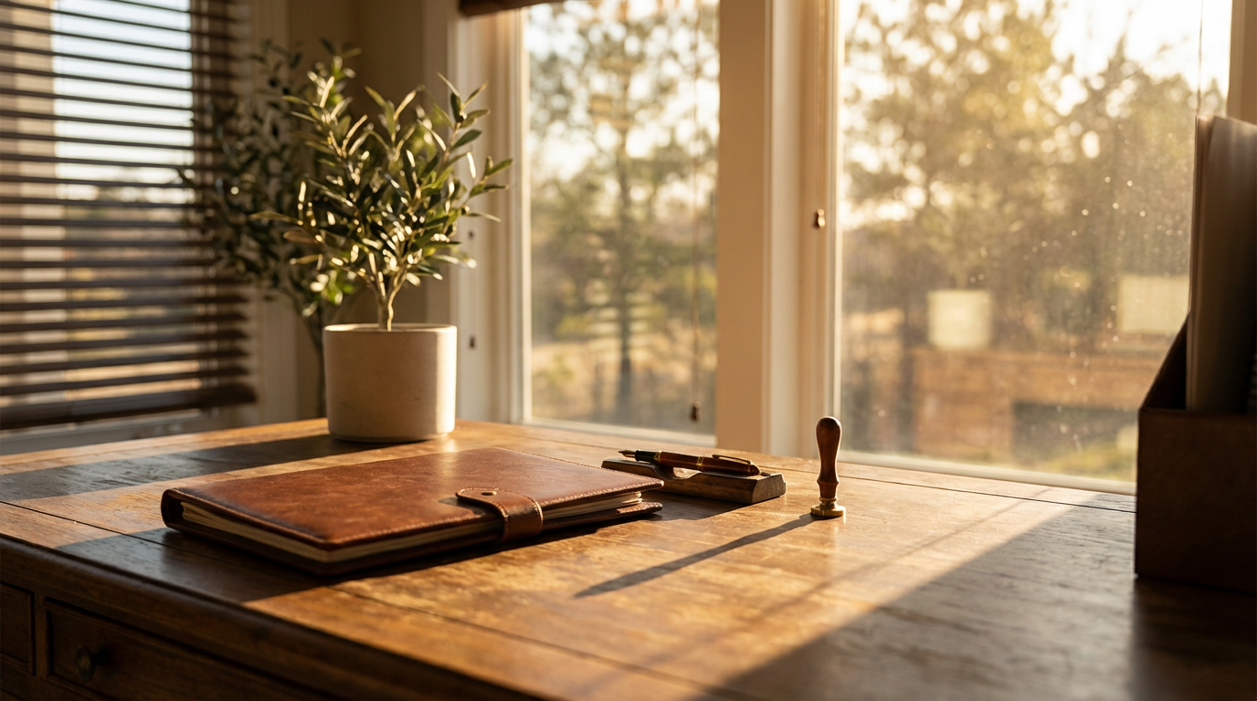 Investing in high-quality stamps and a detailed journal is essential for every Maryland notary. A collection of notary supplies including a brass seal, a professional stamp, and a leather-bound journal on a desk.