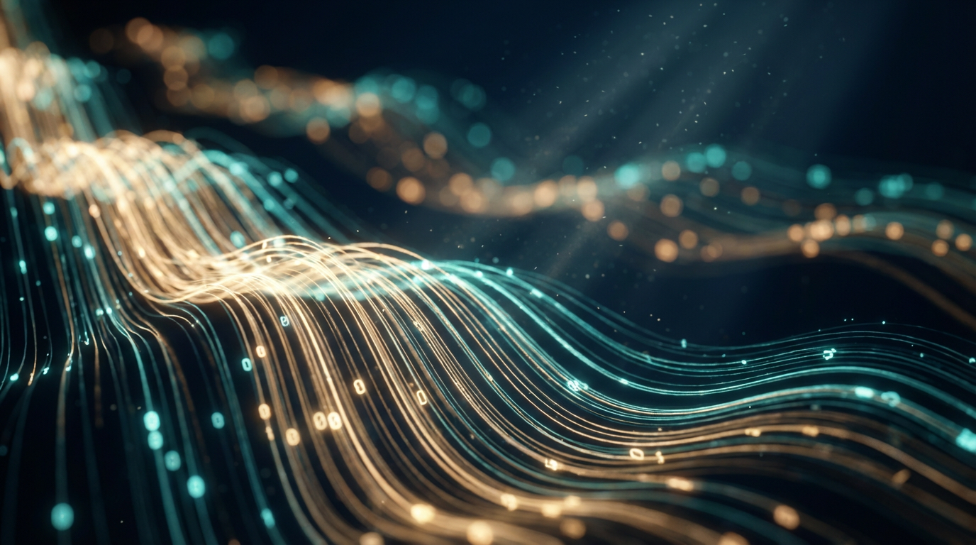 Luminescent golden and teal data threads flowing through darkness with bokeh effects, representing seamless data flow and intelligent automation.