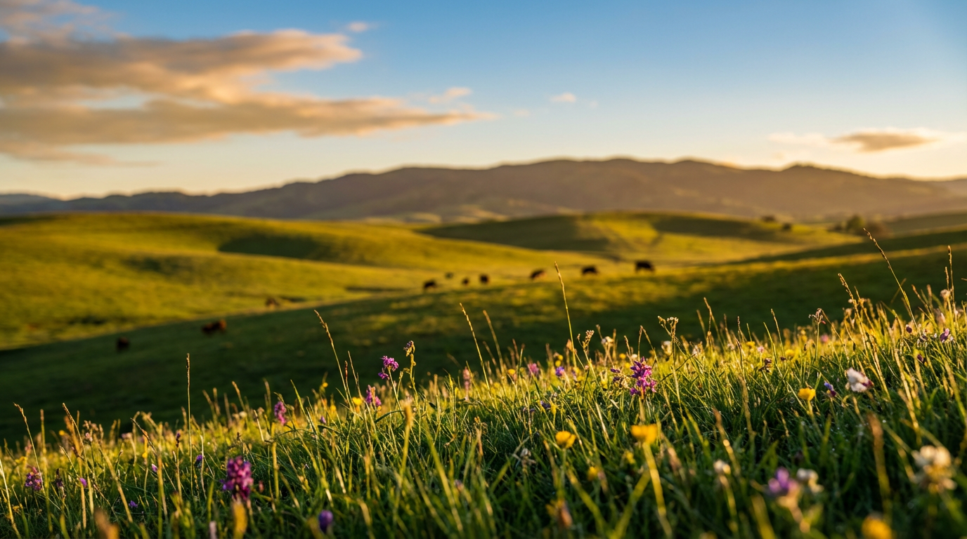 Peaceful green hillside with grazing cattle at golden hour, warm pastoral landscape under blue sky. Peaceful green hillside with grazing cattle at golden hour, warm pastoral landscape under blue sky.