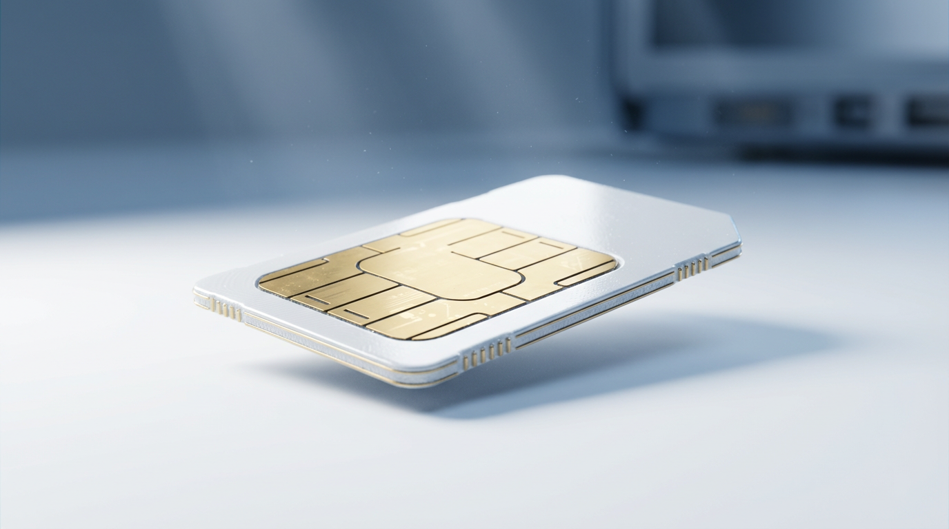 Glossy SIM card with microchip and gold contacts in sharp focus against blurred blue background with light rays and dust particles.