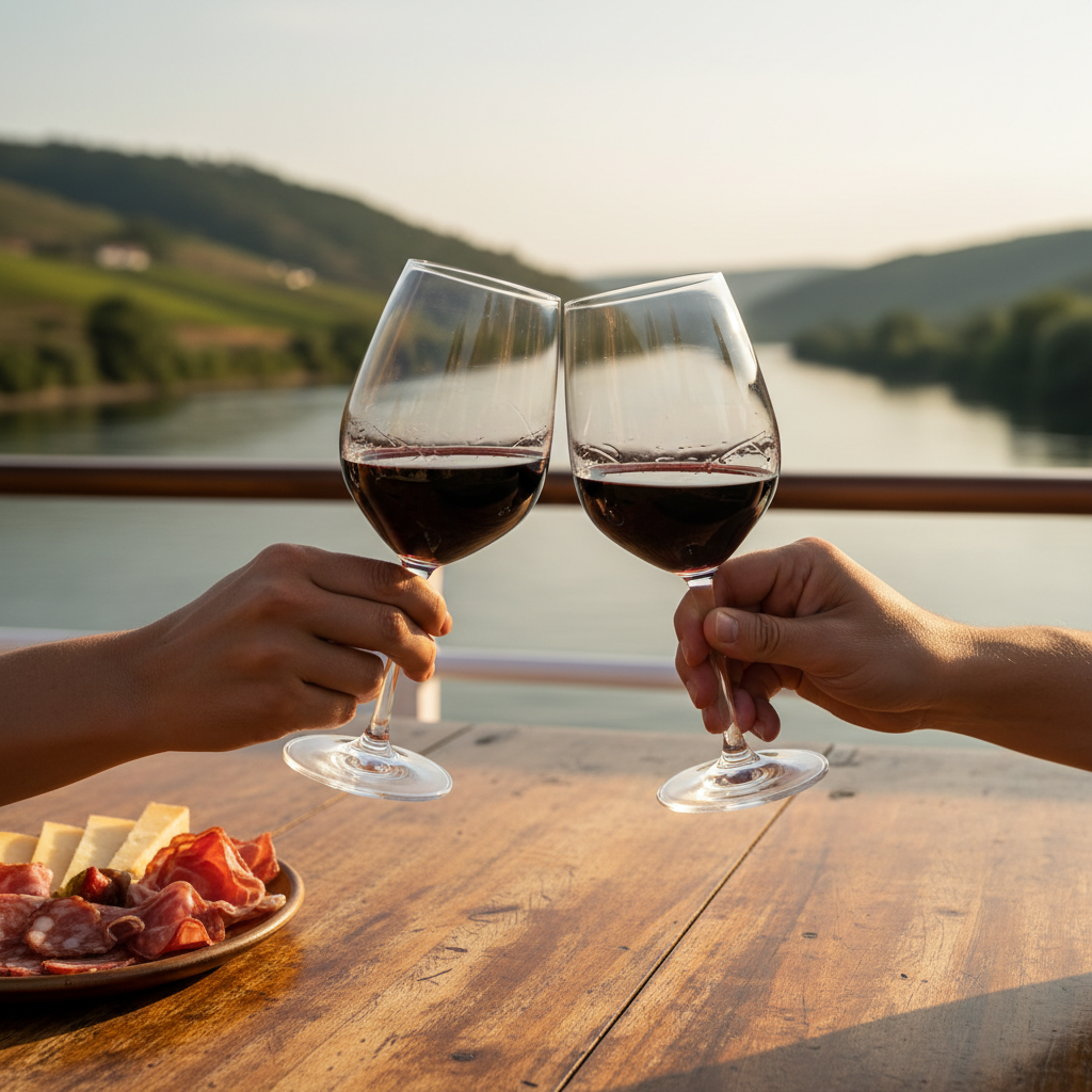 Two wine glasses clinking in toast above wooden boat deck table with vineyard landscape blurred in golden hour light Two wine glasses clinking in toast above wooden boat deck table with vineyard landscape blurred in golden hour light