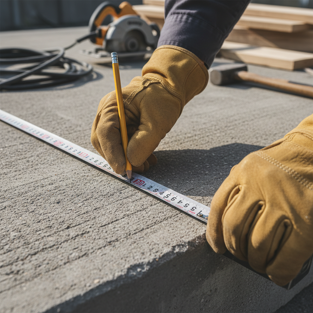 Skilled tradesperson's hands measuring and marking building materials with professional tools and precision