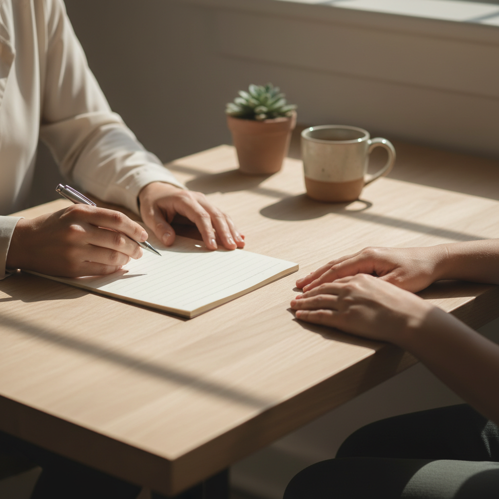 Therapist's hands taking notes during counseling session with client across wooden table in warm natural light Therapist's hands taking notes during counseling session with client across wooden table in warm natural light