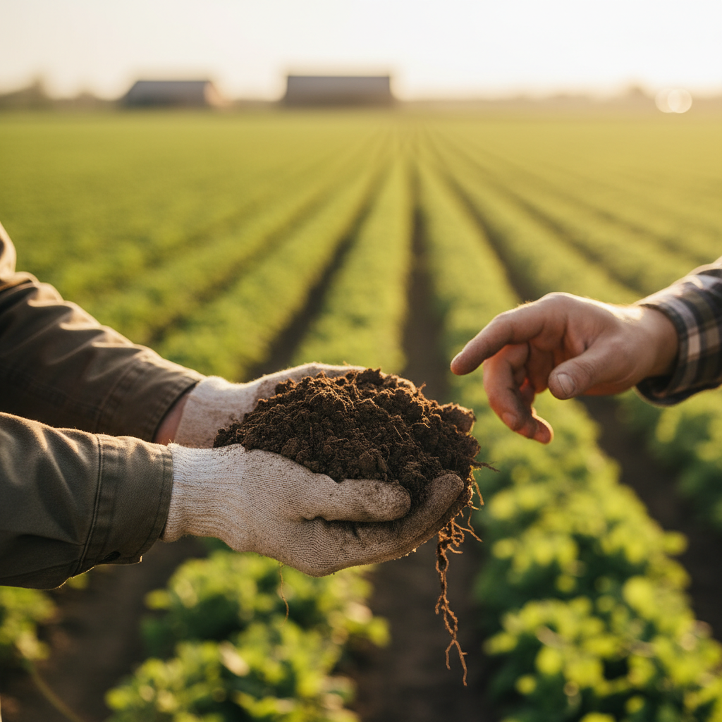 Agricultural expert demonstrating soil quality assessment to farmer, examining rich dark soil in field during golden hour