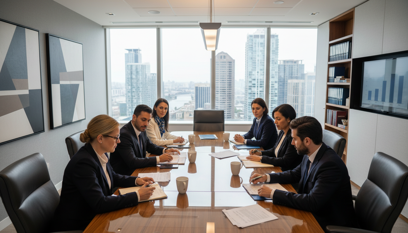 Diverse legal professionals consulting with clients around conference table in modern law firm office with city views