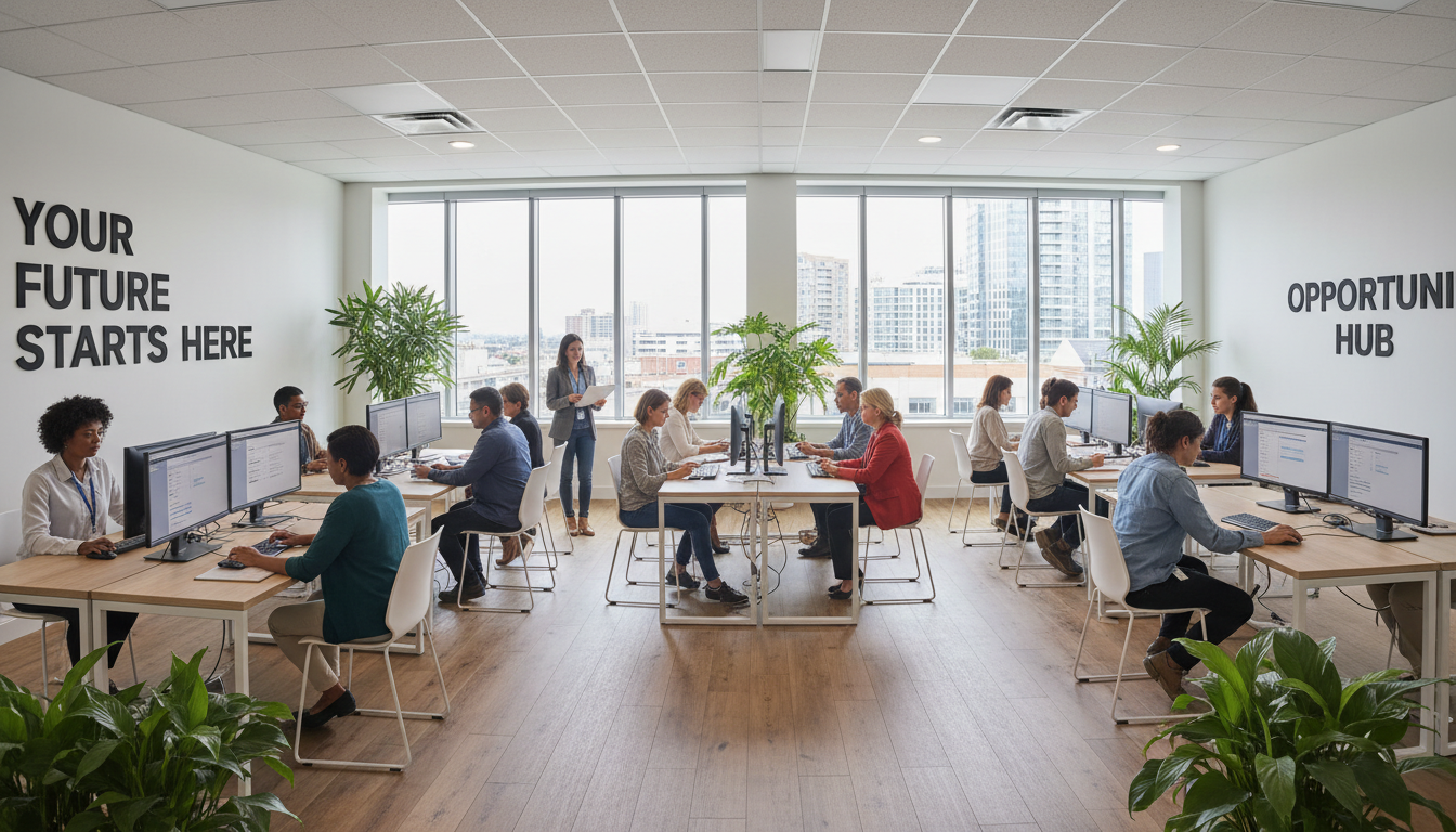 Diverse job seekers at workstations using computers to search and apply for jobs in modern employment office