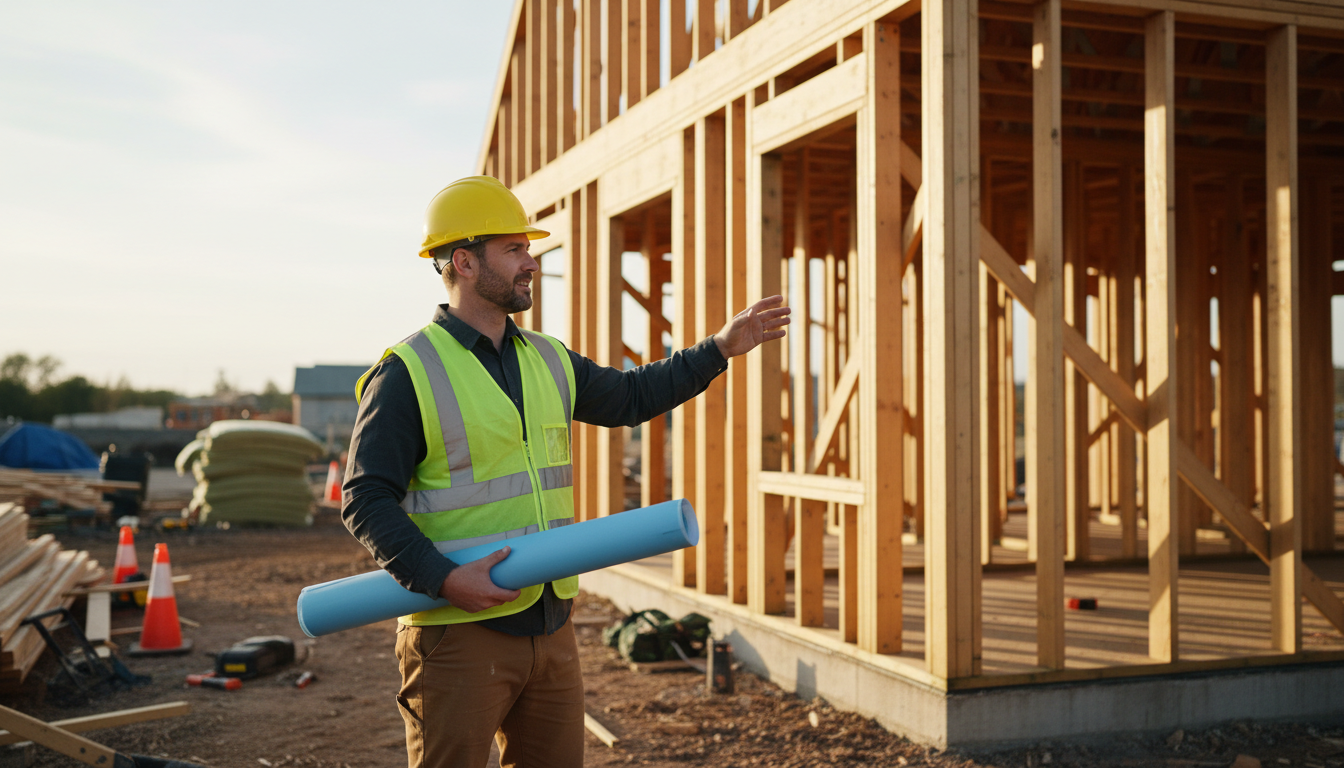 Construction foreman in hard hat holding blueprints, standing before newly framed residential home structure during golden hour Construction foreman in hard hat holding blueprints, standing before newly framed residential home structure during golden hour