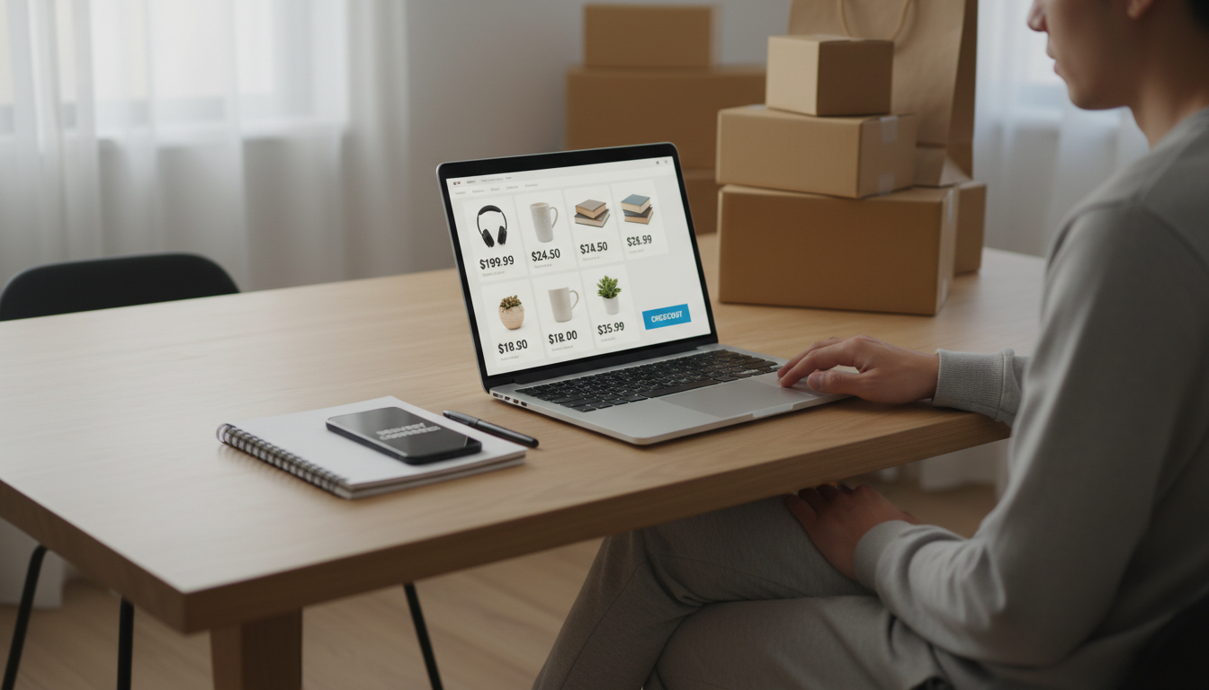 Person shopping online on a laptop next to Christmas delivery boxes, illustrating safe online shopping habits for Liverpool shoppers during the festive season