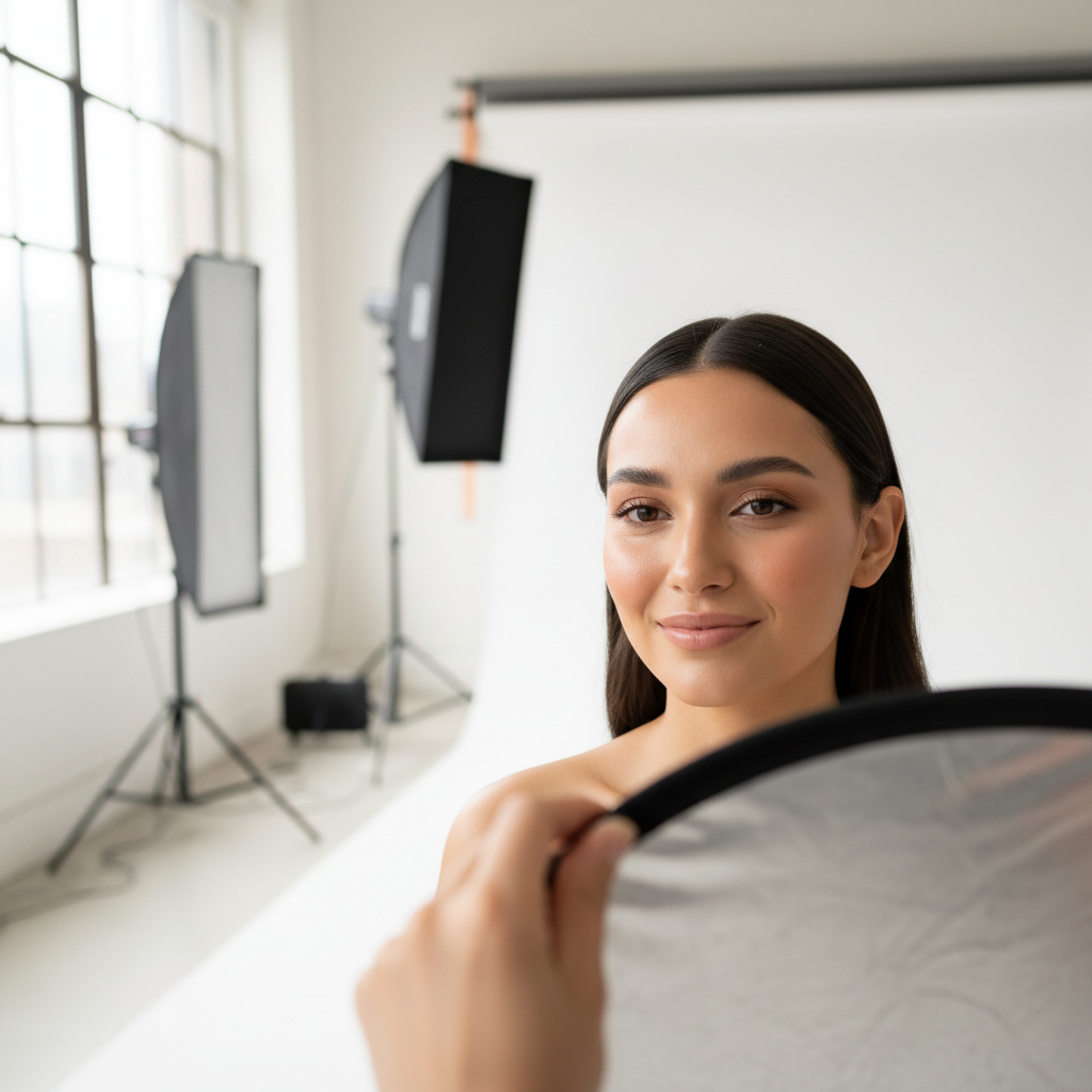 Professional photographer adjusting reflector during intimate studio portrait session with female subject against white backdrop Professional photographer adjusting reflector during intimate studio portrait session with female subject against white backdrop