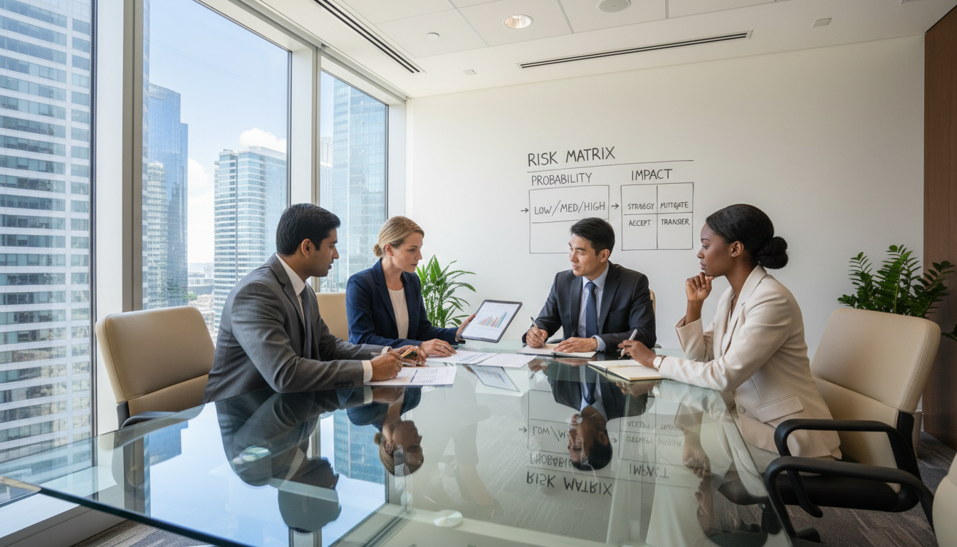 Diverse consulting team collaborating in modern conference room during risk assessment meeting with city views Diverse consulting team collaborating in modern conference room during risk assessment meeting with city views