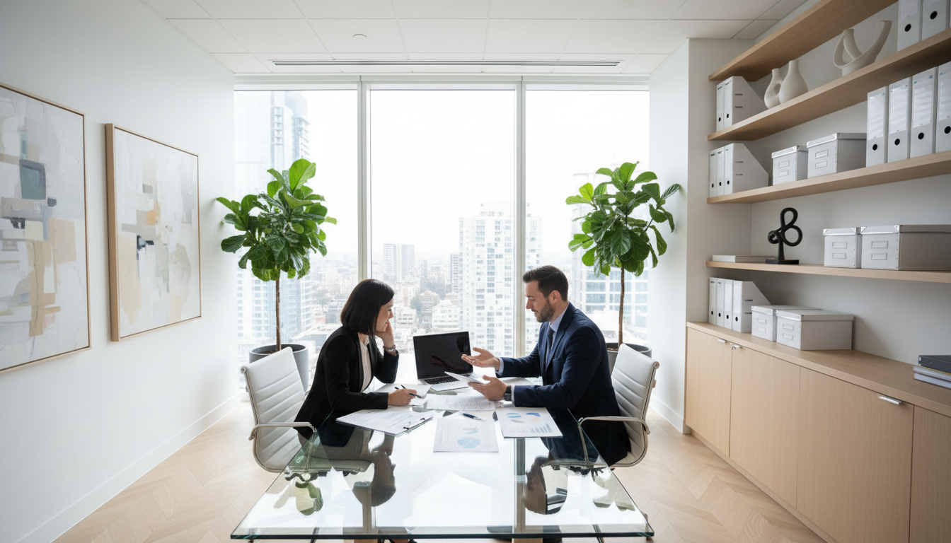 Professional representation during an audit ensures your rights are protected and the process stays on track. A professional advisor meeting with a client to discuss tax documents in a modern, well lit office setting.