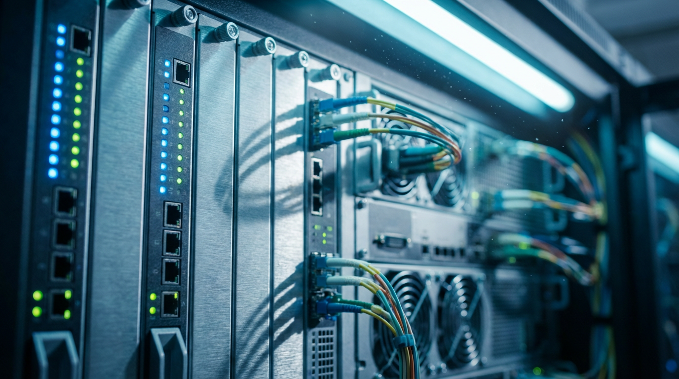 Server rack with glowing blue and green LED lights, sharp focus foreground transitioning to blurred background equipment.