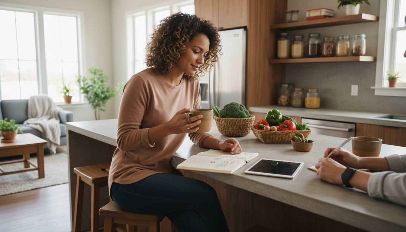 Nutrition consultant and diverse client reviewing personalized meal plan in modern kitchen with natural lighting
