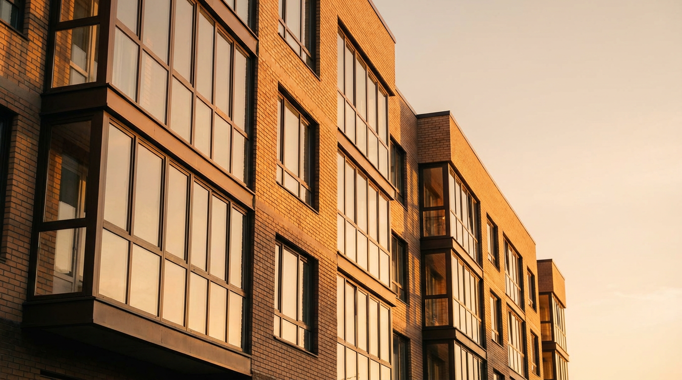 A knowledgeable channel partner can help you verify a project's physical progress against its RERA milestones. A real estate agent and a couple standing outside a modern Bengaluru residential building during golden hour.