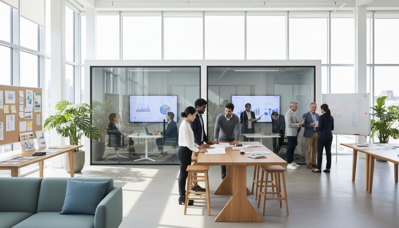 Consistent accountability builds a resilient and high-performing team culture. A diverse team of professionals standing together in a modern office, representing a culture of high standards and mutual support.