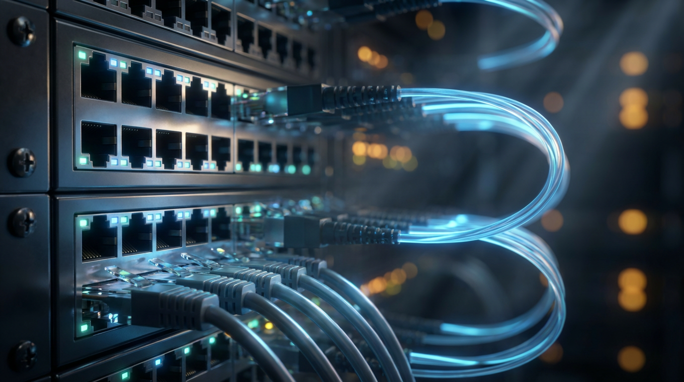 The edge gateway acts as the secure conduit for data moving from the plant floor to the cloud. Close up of glowing network server racks with data cables showing cloud connectivity