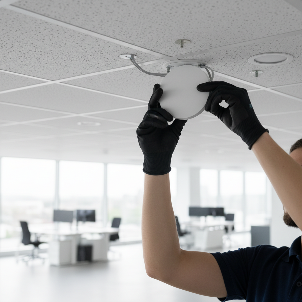 Technician installing wireless access point on office ceiling in bright modern workspace Technician installing wireless access point on office ceiling in bright modern workspace