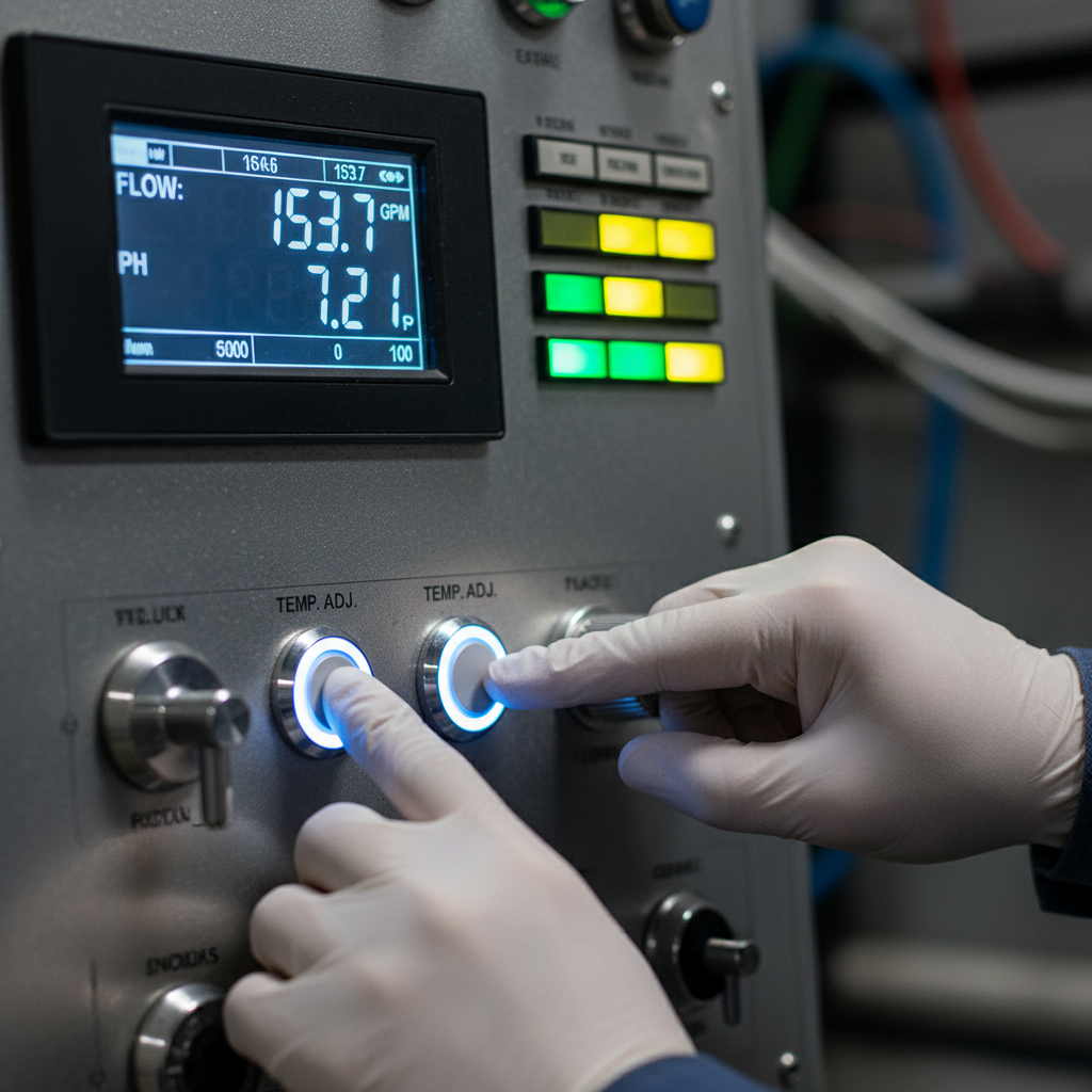 Consultant's hands adjusting illuminated monitoring instruments on sophisticated water treatment control panel Consultant's hands adjusting illuminated monitoring instruments on sophisticated water treatment control panel