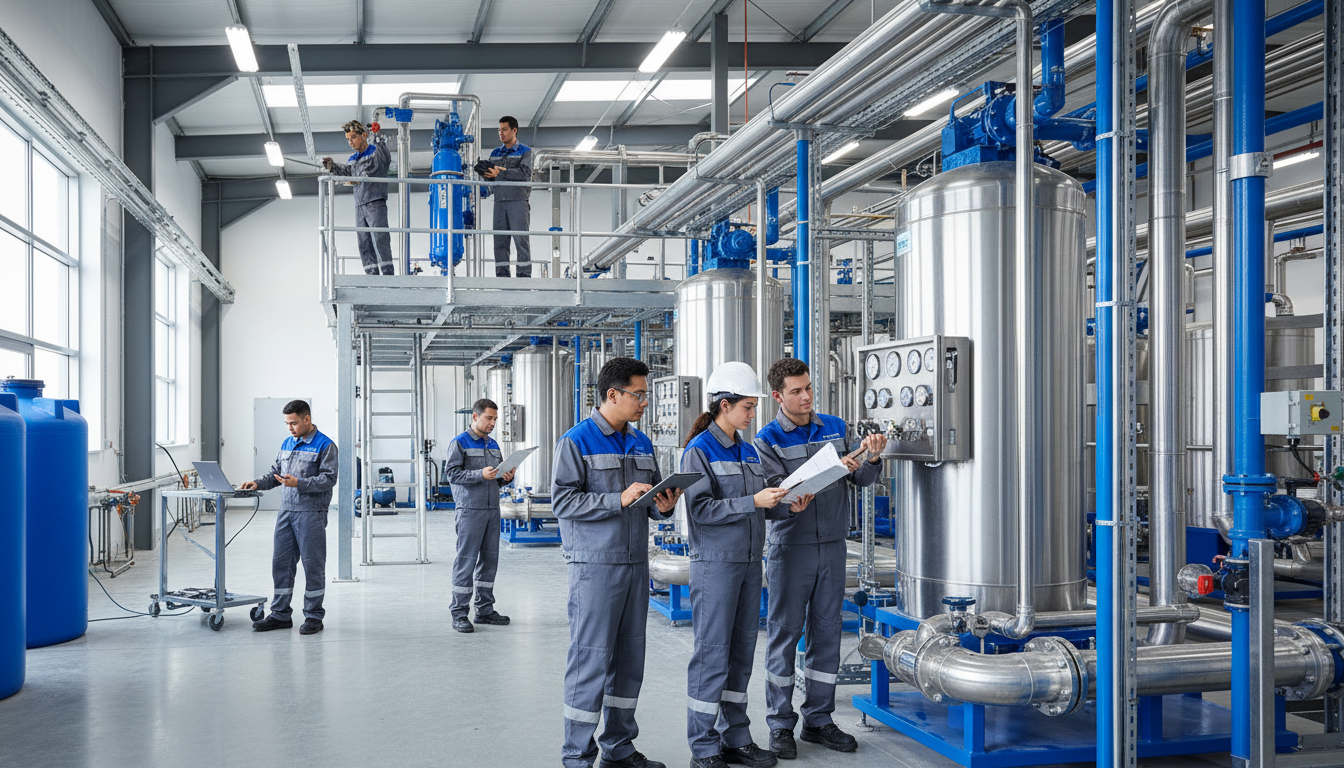 Team of technicians inspecting large commercial water filtration system with multiple tanks and monitoring equipment