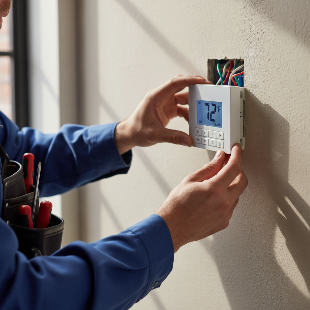 Testing your thermostat early in the fall ensures your system is ready for the first cold snap. Close-up of a technician's hands adjusting a modern white thermostat on a residential wall in natural light.