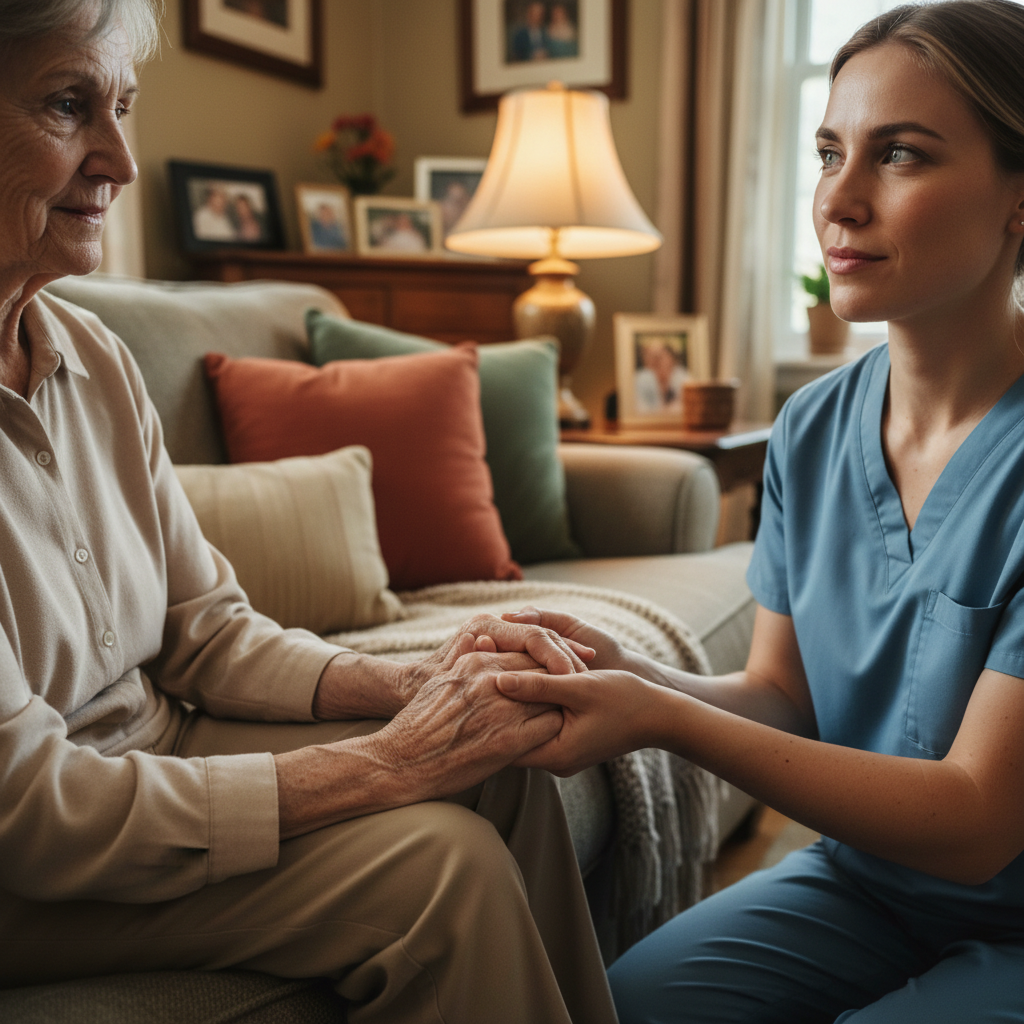 In-home care focuses on the personal, non-medical needs that support daily living and independence. A caregiver holding hands with a senior woman in a compassionate gesture in a sunlit living room.