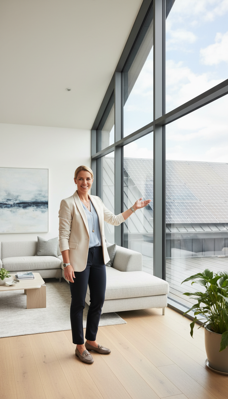 A decluttered room feels larger, lighter, and more valuable to buyers. Confident homeowner standing in a bright, uncluttered modern living room prepared for sale