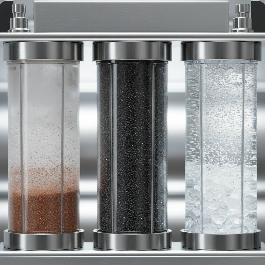 Close-up of multi-stage water filter cartridges showing progressive water clarity improvement through filtration layers