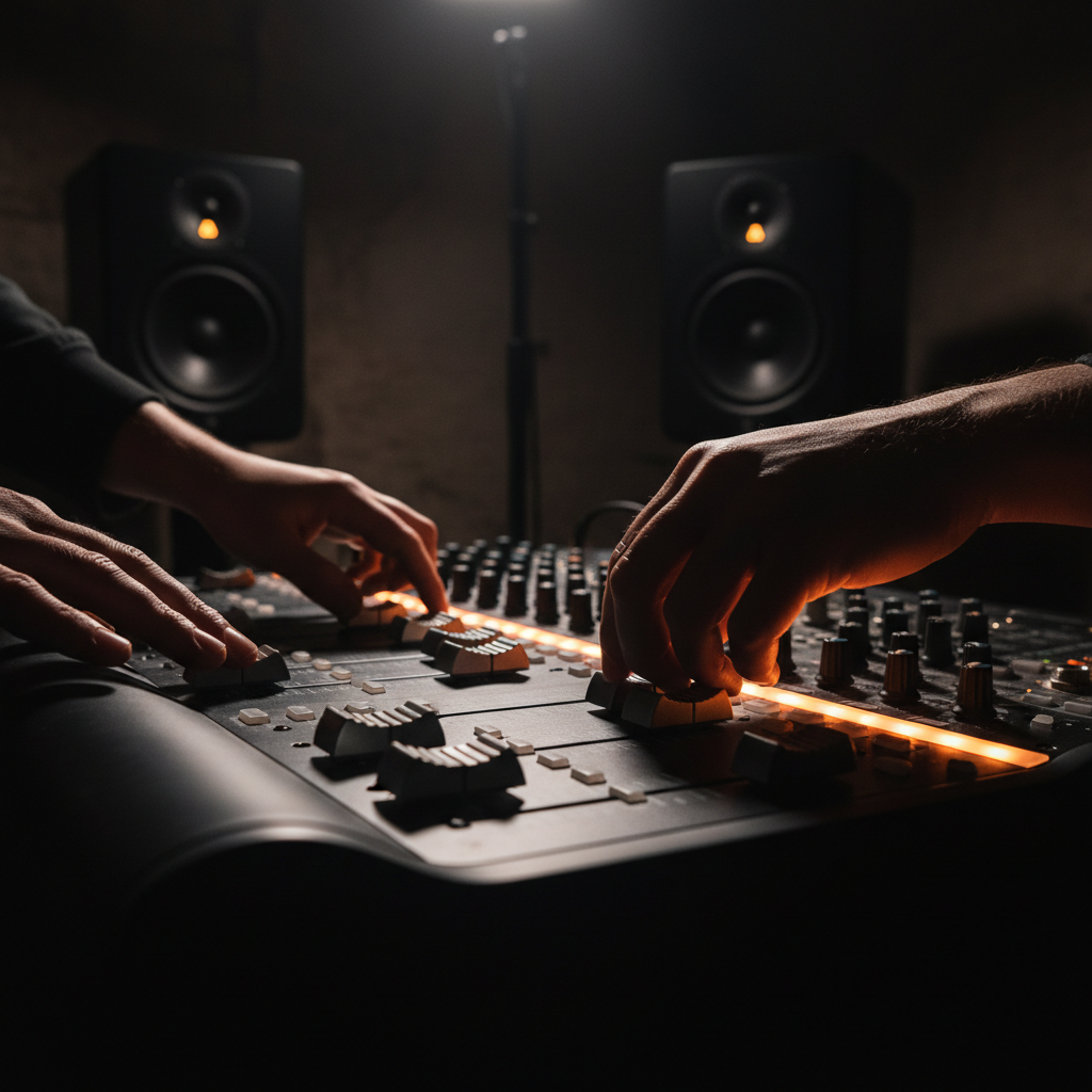 Producer's hands adjusting mixing console controls in dimly-lit home studio with amber accent lighting