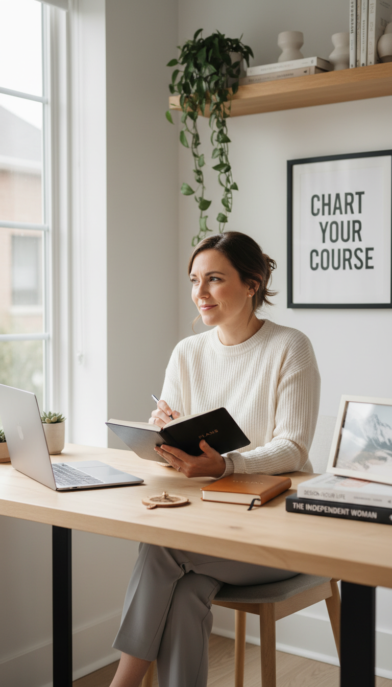 Thoughtful woman at home office desk with journal, laptop, and plants, contemplating personal goals