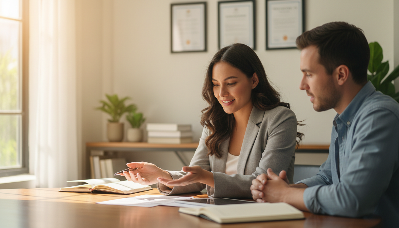 Professional consultant and client reviewing documents together at wooden desk in bright, modern office with natural window lighting Professional consultant and client reviewing documents together at wooden desk in bright, modern office with natural window lighting