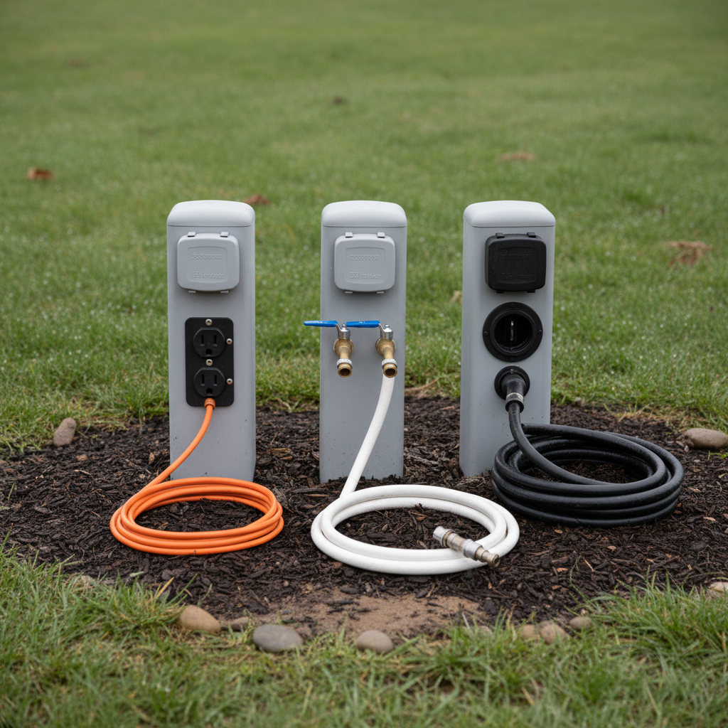 Close-up of utility hookup pedestal showing electrical outlets, water connections, and sewage access ports