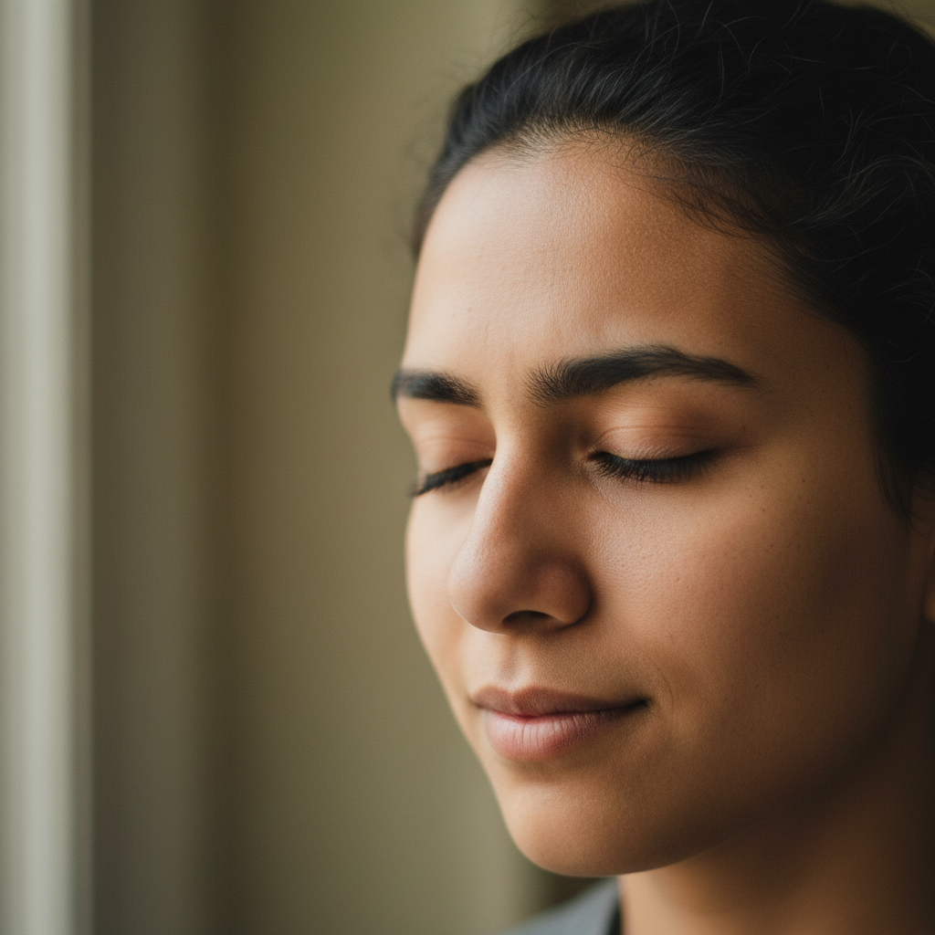 Close-up of young adult's focused, determined expression during moment of mental wellness practice