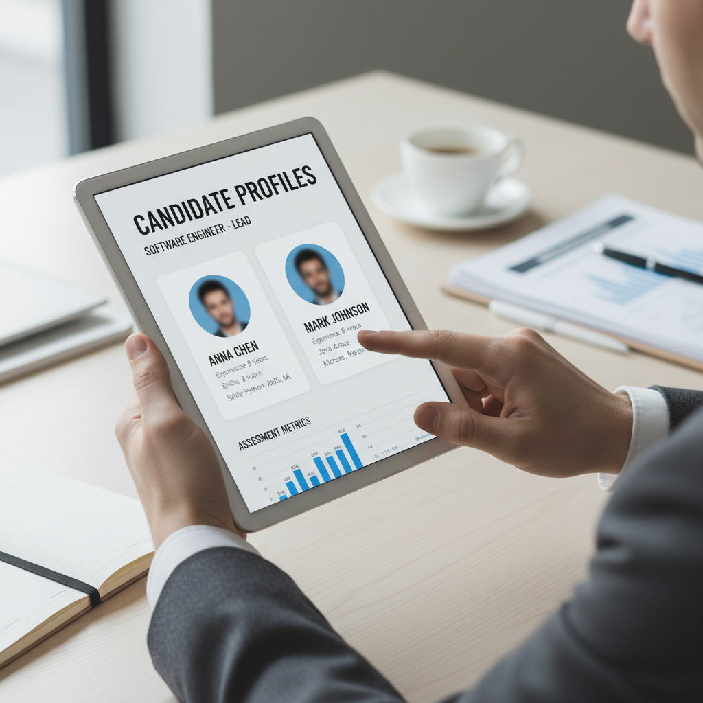HR consultant reviewing candidate profiles and recruitment data on digital tablet with personalized assessment metrics