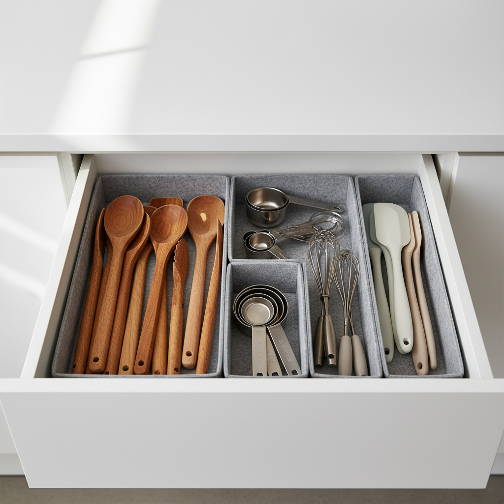 Deep drawer banks are replacing traditional lower cabinets for better accessibility and ergonomics. Close up of a deep kitchen drawer bank pulled open to show organized heavy cookware and lids.