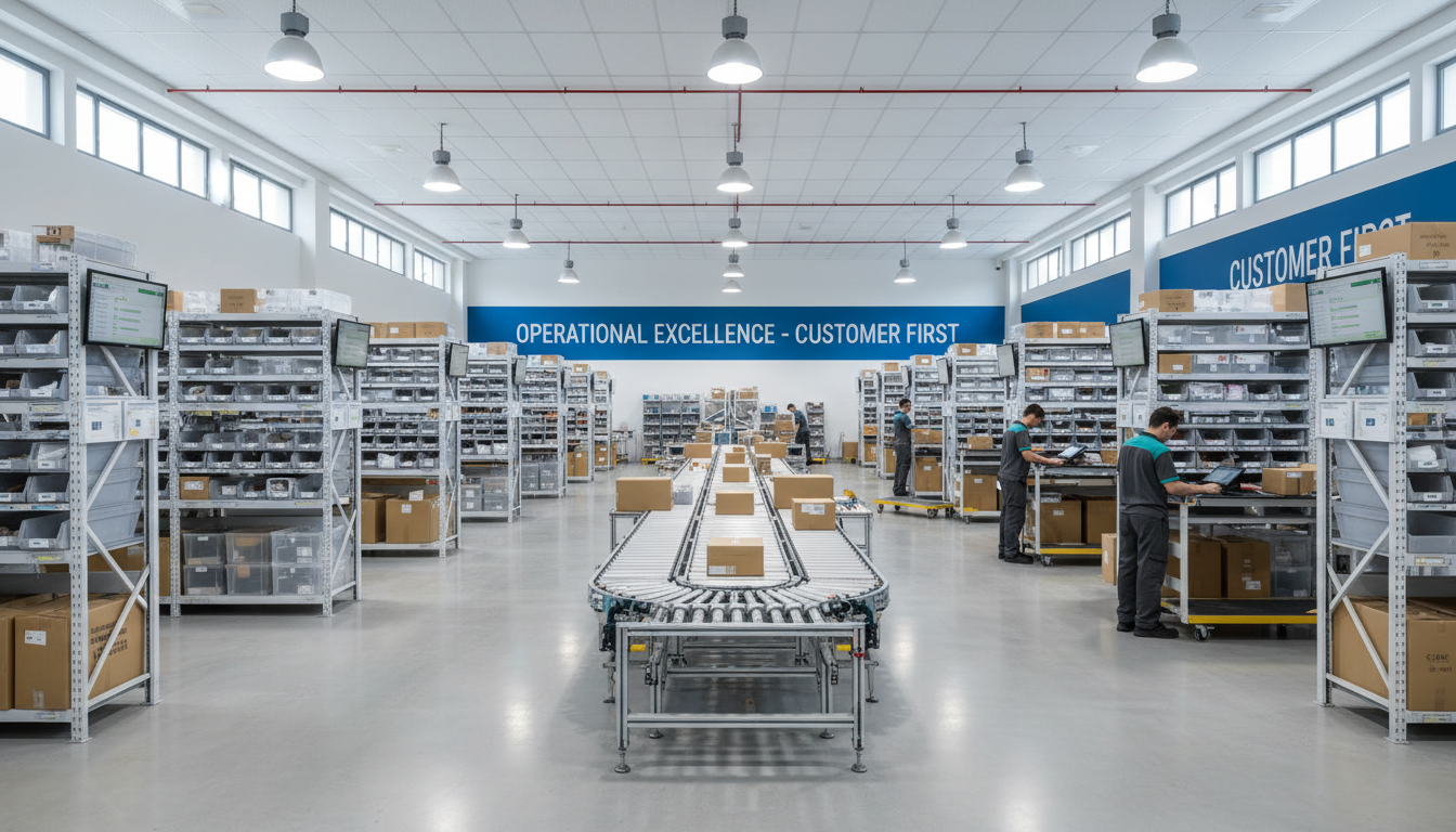 Modern warehouse fulfillment center with organized product shelving, team members working, and efficient inventory systems
