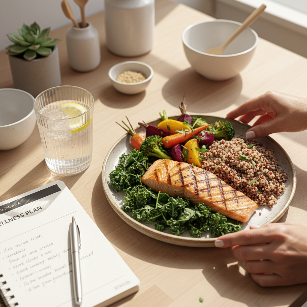 Close-up overhead view of nutritionist's hands arranging colorful nutrient-dense plate with salmon, greens, and vegetables in bright kitchen Close-up overhead view of nutritionist's hands arranging colorful nutrient-dense plate with salmon, greens, and vegetables in bright kitchen