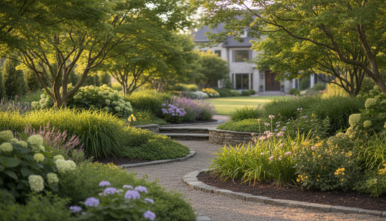 Professional residential garden with ornamental plants, winding pathway, and mature trees at golden hour Professional residential garden with ornamental plants, winding pathway, and mature trees at golden hour