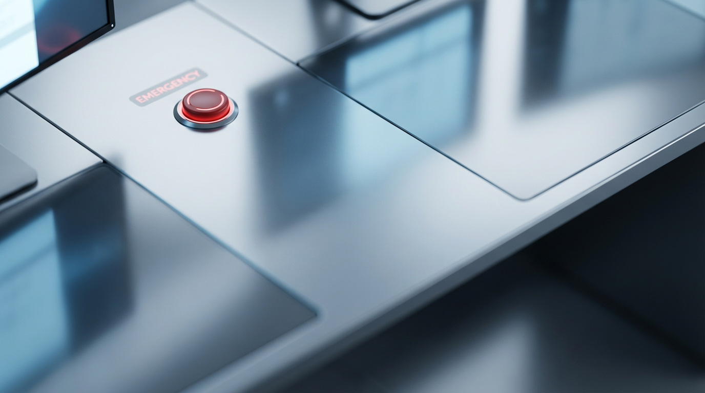 Overhead view of minimalist dispatch desk with red alert button and sharp studio shadows