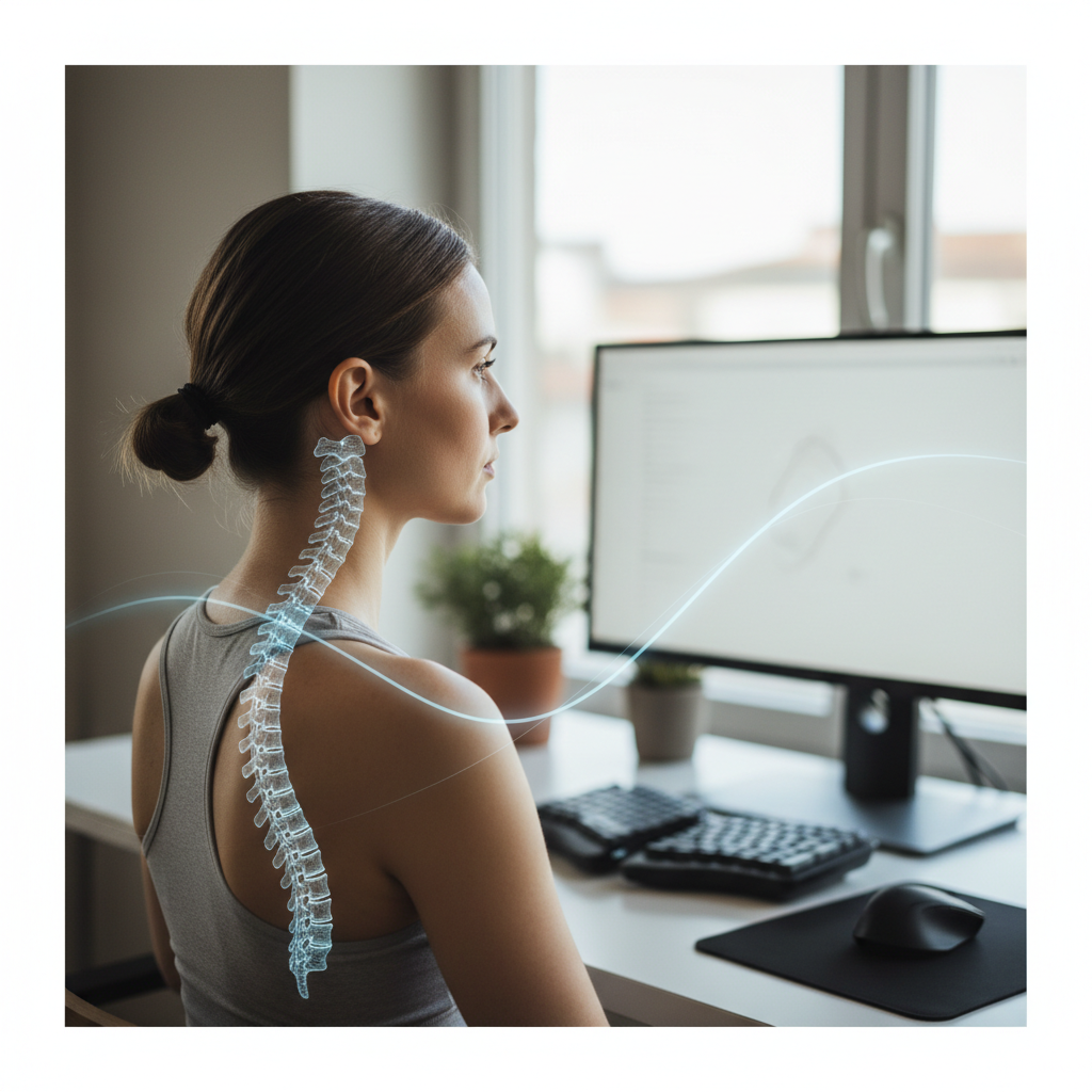 Person demonstrating correct posture at ergonomic desk with monitor positioned at eye level, showing proper spinal alignment Person demonstrating correct posture at ergonomic desk with monitor positioned at eye level, showing proper spinal alignment