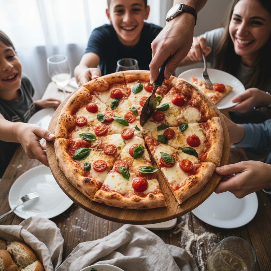 family enjoying pizza