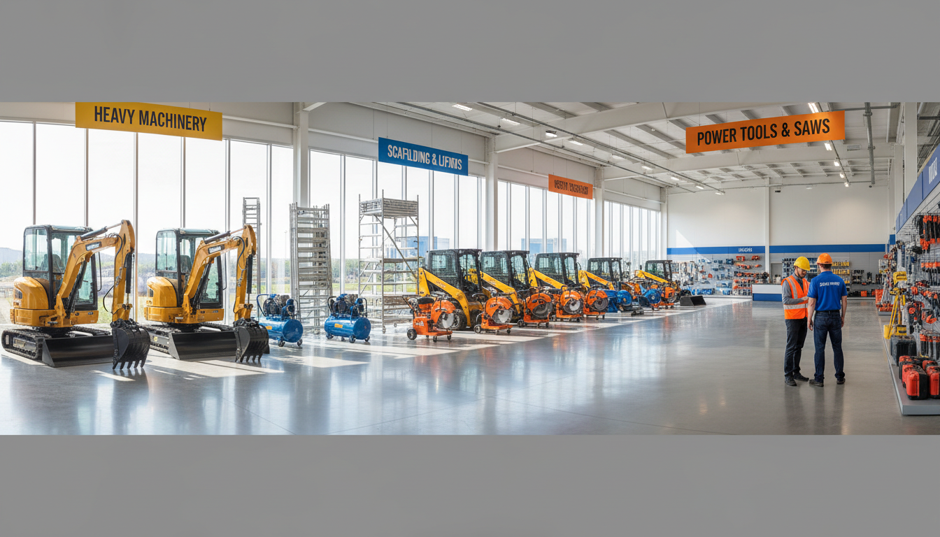 Accessing a wide variety of tools without the cost of ownership is a major advantage for local contractors. A diverse selection of construction equipment and tools organized in a clean rental warehouse facility.