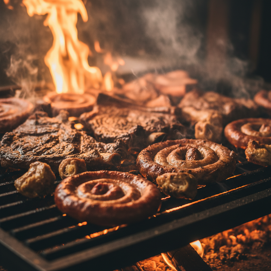 Parrillada argentina con asado de tira, chorizos y marucha, maridada con Malbec de Mendoza