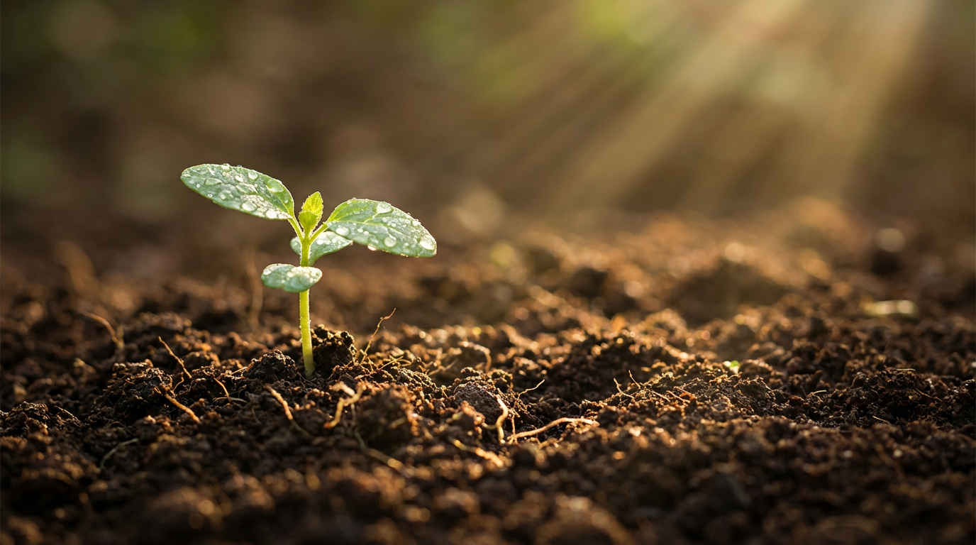 Seedling sprouting from rich soil with water droplets catching golden sunlight and blurred warm background. Seedling sprouting from rich soil with water droplets catching golden sunlight and blurred warm background.